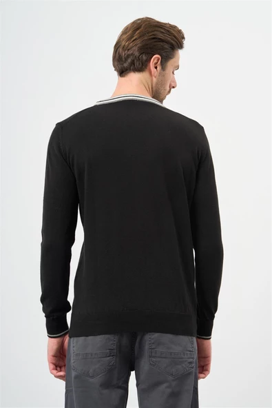Siyah Uzun Kol Düz Örme Bisiklet Yaka Classic Slim Fit Triko 1012245108 - 4
