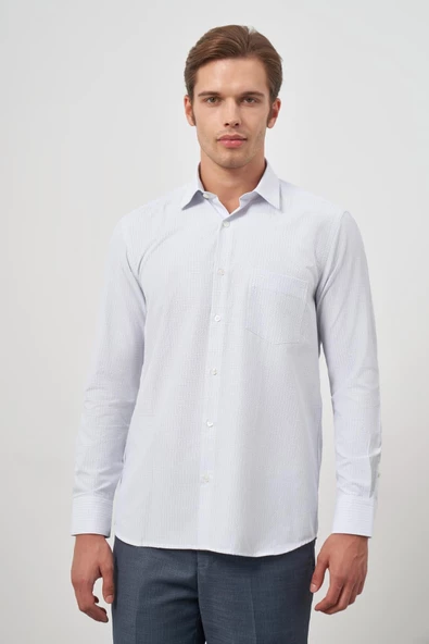 Beyaz Uzun Kol Kareli Desen Bez Ayağı Sert Yaka Cepli Pamuklu Classic Comfort Fit Gömlek 1004245159 - 5