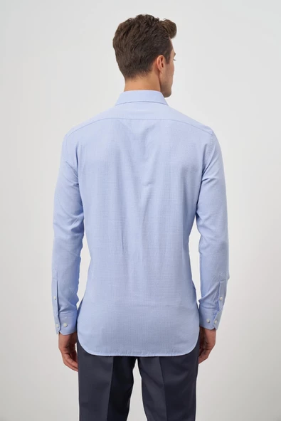 Mavi Uzun Kol Kendinden Desenli Armürlü 041 Sert Yaka Classic Comfort Fit Gömlek 1004245157 - Resim 7