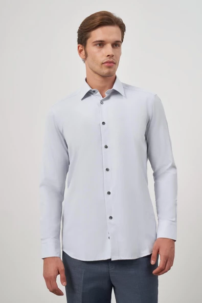 Gri Uzun Kol Kendinden Desenli Armürlü 041 Sert Yaka Classic Comfort Fit Gömlek 1004245154 - Resim 4