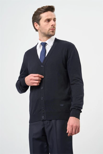 Koyu Lacivert Uzun Kol Düz Örme V Yaka Classic Comfort Fit Triko 1012245016 - 5