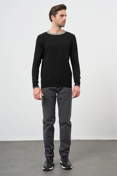 Siyah Uzun Kol Düz Örme Bisiklet Yaka Classic Slim Fit Triko 1012245108 - 5