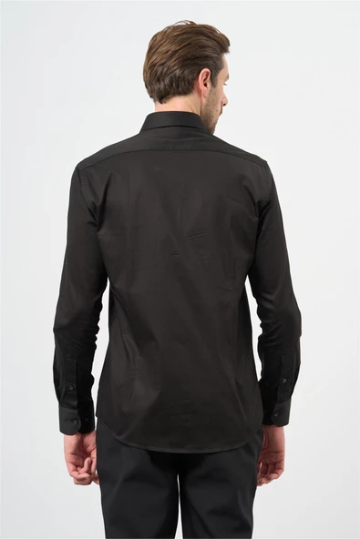 Siyah Uzun Kollu Sert Yaka Cepsiz %100 Pamuk Klasik Slim Fit Dar Kesim Gömlek 1004240324 - 3