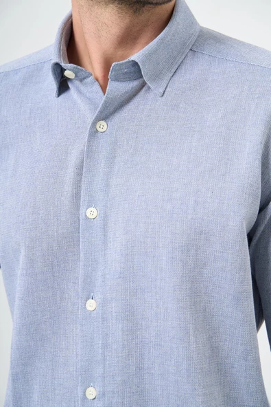 Mavi Kısalabilir Kollu Armürlü Biritli Yaka Pamuklu Casual Slim Fit Dar Kesim Gömlek 1004240202 - Resim 4