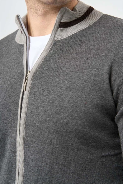 Gri Uzun Kol Düz Örme Dik Yaka Classic Slim Fit Triko 1012245203 - 2
