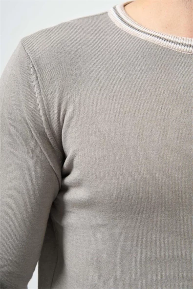 Gri Uzun Kol Düz Örme Bisiklet Yaka Classic Slim Fit Triko 1012245108 - Resim 4