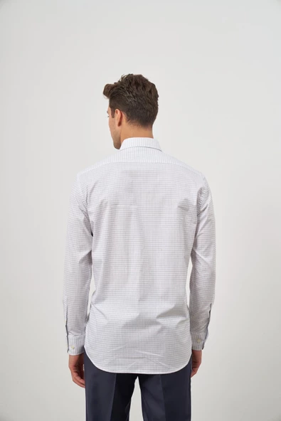 Beyaz Uzun Kol Kareli Desen Yarım İtalyan Yaka Cepli Classic Comfort Fit Gömlek 1004245194 - Resim 7