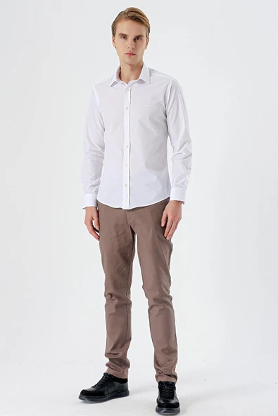 Beyaz Uzun Kol Filafil Desen Filafil Sert Yaka Cepsiz Pamuklu Basic Slim Fit Gömlek 1004245008 - Resim 2