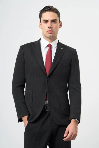 Siyah Desen Örme Kılıç Yaka Beli Lastikli 6 Drop Slim Fit Classic Takım Elbise 1001245170