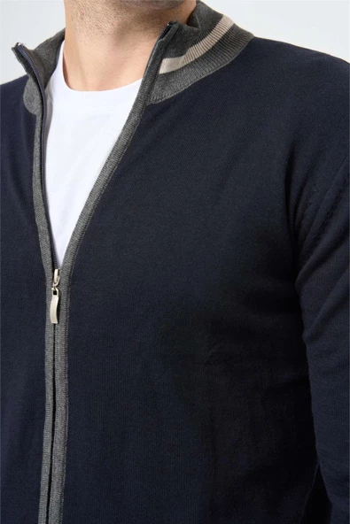 Koyu Lacivert Uzun Kol Düz Örme Dik Yaka Classic Slim Fit Triko 1012245203 - Resim 4