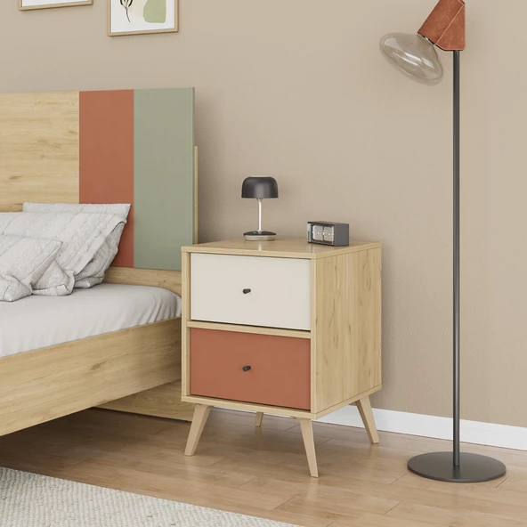 Terra 2 Çekmeceli Komodin-Florida Meşe/Karışık Renk 44x61x44 cm - 4