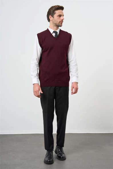 Bordo Düz Örme V Yaka Classic Comfort Fit Triko 1012245003 - 4