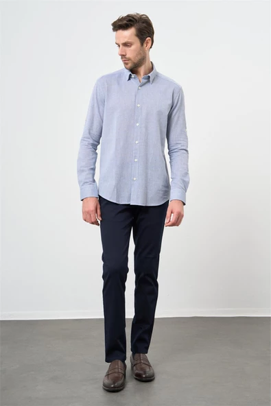 Mavi Kısalabilir Kollu Armürlü Biritli Yaka Pamuklu Casual Slim Fit Dar Kesim Gömlek 1004240202 - Resim 2