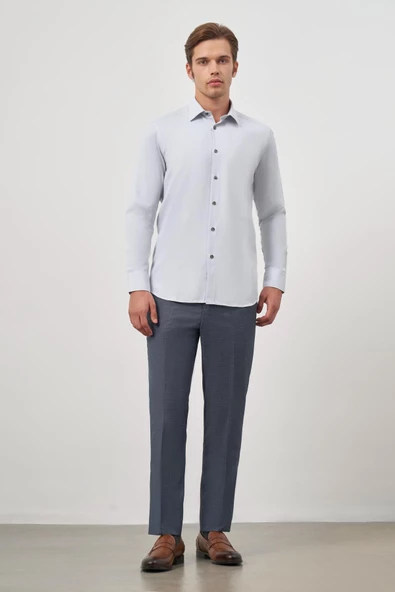 Gri Uzun Kol Kendinden Desenli Armürlü 041 Sert Yaka Classic Comfort Fit Gömlek 1004245154 - Resim 2