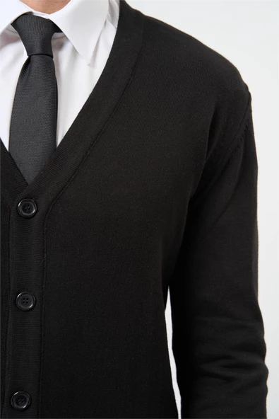 Siyah Uzun Kol Düz Örme V Yaka Classic Comfort Fit Triko 1012245016 - Resim 3