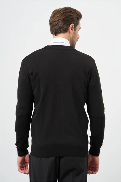 Siyah Uzun Kol Düz Örme V Yaka Classic Comfort Fit Triko 1012245016 - Resim 4