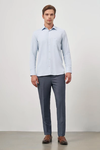 Koyu Mavi Uzun Kol Kendinden Desenli Armürlü 041 Sert Yaka Classic Comfort Fit Gömlek 1004245157 - Resim 4