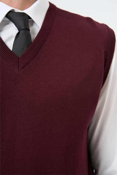 Bordo Düz Örme V Yaka Classic Comfort Fit Triko 1012245003 - 6