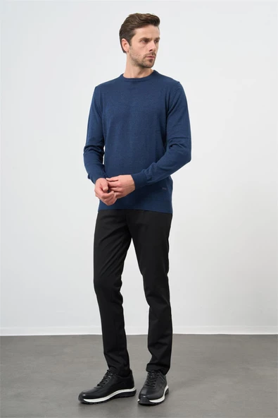 İndigo Mavi Uzun Kol Düz Örme Bisiklet Yaka Classic Comfort Fit Triko 1012245006 - 2