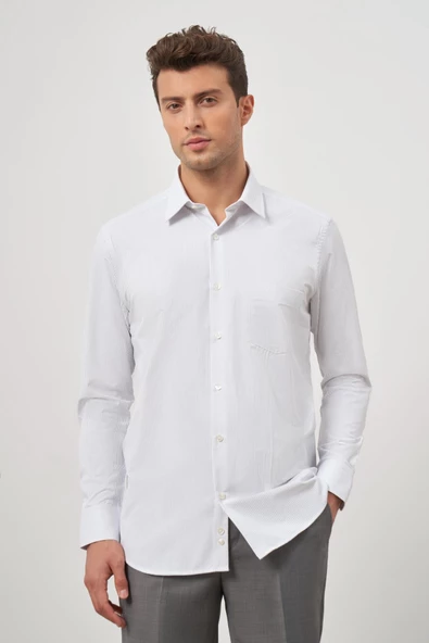 Beyaz Uzun Kol Kendinden Armürlü Cepli Pamuklu Classic Comfort Fit Gömlek 1004245155