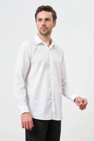 Beyaz Uzun Kol Düz Bez Ayağı 041 Sert Yaka Classic Comfort Fit Gömlek 1004240287