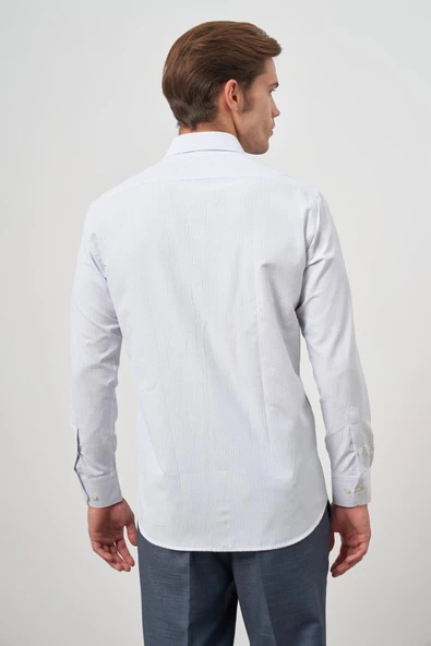 Beyaz Uzun Kol Kareli Desen Bez Ayağı Sert Yaka Cepli Pamuklu Classic Comfort Fit Gömlek 1004245159 - 7