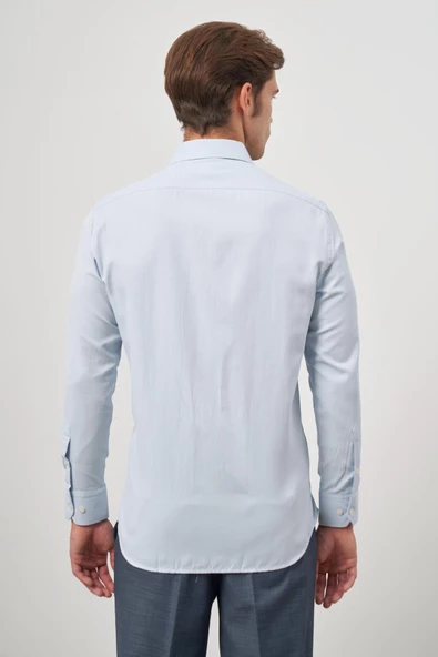 Koyu Mavi Uzun Kol Kendinden Desenli Armürlü 041 Sert Yaka Classic Comfort Fit Gömlek 1004245157 - Resim 7