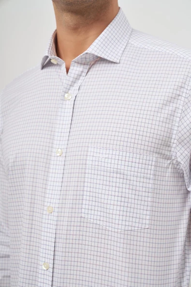 Beyaz Uzun Kol Kareli Desen Yarım İtalyan Yaka Cepli Classic Comfort Fit Gömlek 1004245194 - Resim 6