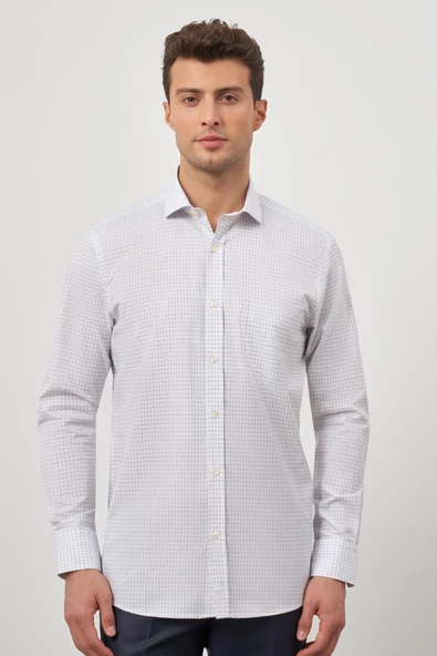 Beyaz Uzun Kol Kareli Desen Yarım İtalyan Yaka Cepli Classic Comfort Fit Gömlek 1004245194 - Resim 5