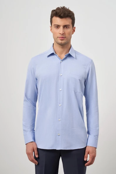 Mavi Uzun Kol Kendinden Desenli Armürlü 041 Sert Yaka Classic Comfort Fit Gömlek 1004245157 - Resim 3