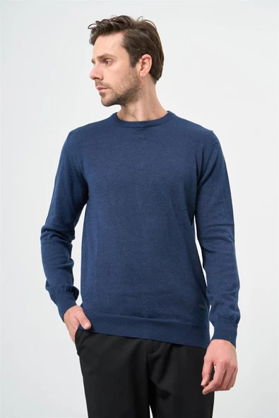 İndigo Mavi Uzun Kol Düz Örme Bisiklet Yaka Classic Comfort Fit Triko 1012245006 - 4