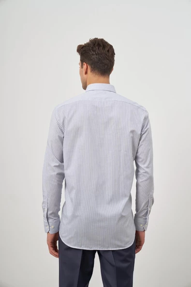 Beyaz Uzun Kol Desen Yarım İtalyan Yaka Cepli Pamuklu Classic Comfort Fit Gömlek 1004245180 - 7