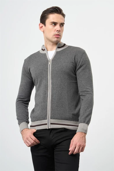 Gri Uzun Kol Düz Örme Dik Yaka Classic Slim Fit Triko 1012245203 - 6