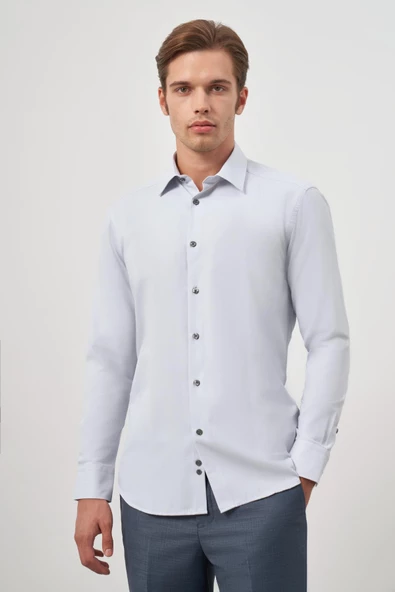 Gri Uzun Kol Kendinden Desenli Armürlü 041 Sert Yaka Classic Comfort Fit Gömlek 1004245154 - Resim 5