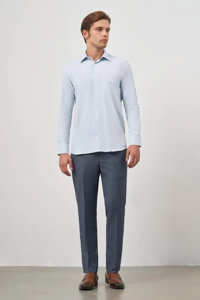 Koyu Mavi Uzun Kol Kendinden Desenli Armürlü 041 Sert Yaka Classic Comfort Fit Gömlek 1004245157 - Resim 2