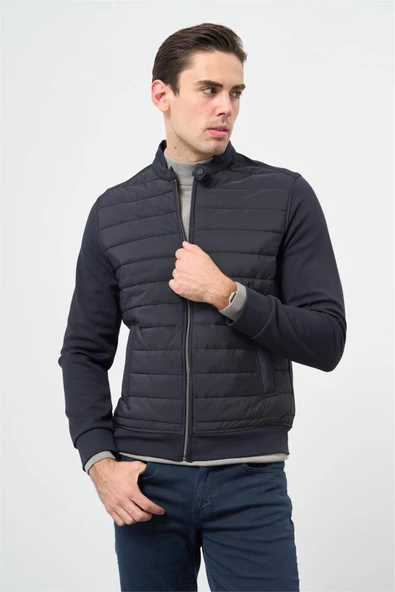 Koyu Lacivert Kapitone Dik Yaka Astarlı Slim Fit Dar Kesim Klasik Mont 1007245154