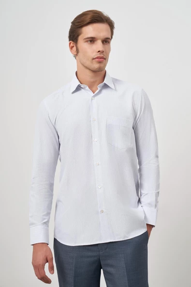 Beyaz Uzun Kol Kareli Desen Bez Ayağı Sert Yaka Cepli Pamuklu Classic Comfort Fit Gömlek 1004245159 - 3