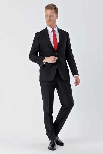 Siyah Gabardin Mono Yaka 6 Drop Comfort Fit Rahat Kesim Basic Takım Elbise 1001245010 - 4