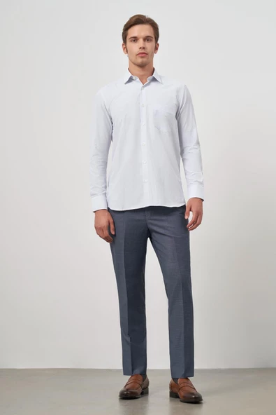 Beyaz Uzun Kol Kareli Desen Bez Ayağı Sert Yaka Cepli Pamuklu Classic Comfort Fit Gömlek 1004245159 - 2