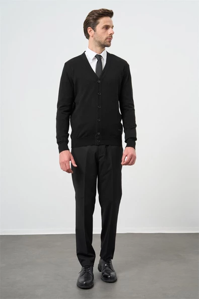 Siyah Uzun Kol Düz Örme V Yaka Classic Comfort Fit Triko 1012245016 - Resim 5