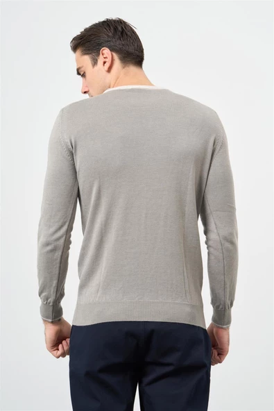 Gri Uzun Kol Düz Örme Bisiklet Yaka Classic Slim Fit Triko 1012245108 - Resim 5