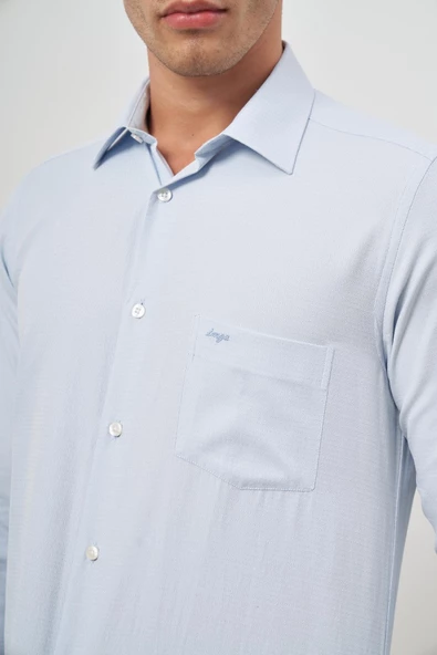 Koyu Mavi Uzun Kol Kendinden Desenli Armürlü 041 Sert Yaka Classic Comfort Fit Gömlek 1004245157 - Resim 6