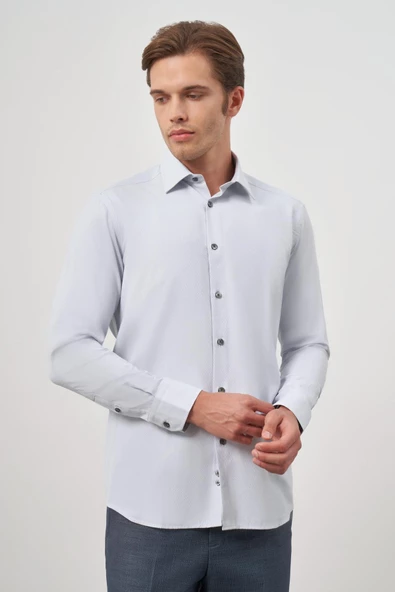 Gri Uzun Kol Kendinden Desenli Armürlü 041 Sert Yaka Classic Comfort Fit Gömlek 1004245154 - Resim 3