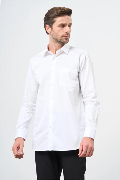 Beyaz Uzun Kollu Sert Yaka Cepli %100 Pamuk Klasik Comfort Fit Rahat Kesim Gömlek 1004240323