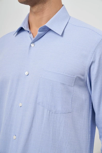 Mavi Uzun Kol Kendinden Desenli Armürlü 041 Sert Yaka Classic Comfort Fit Gömlek 1004245157 - Resim 6