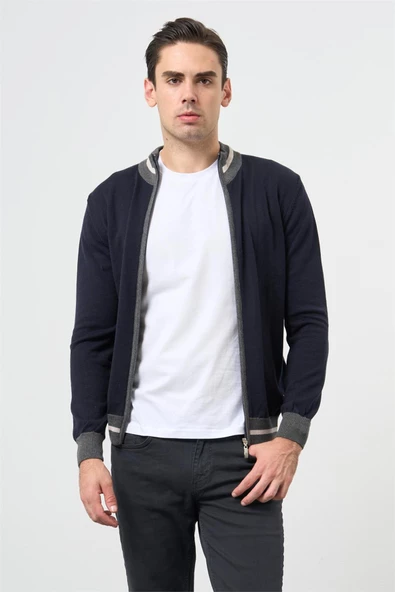 Koyu Lacivert Uzun Kol Düz Örme Dik Yaka Classic Slim Fit Triko 1012245203 - Resim 2