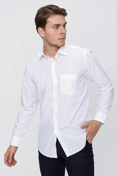 Beyaz Uzun Kol Düz Bez Ayağı 041 Sert Yaka Basic Comfort Fit Gömlek 1004245051 - Resim 5
