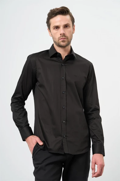 Siyah Uzun Kollu Sert Yaka Cepsiz %100 Pamuk Klasik Slim Fit Dar Kesim Gömlek 1004240324 - 5