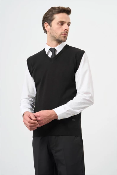 Siyah Düz Örme V Yaka Classic Comfort Fit Triko 1012245003 - 3