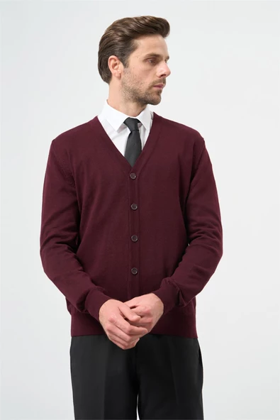 Bordo Uzun Kol Düz Örme V Yaka Classic Comfort Fit Triko 1012245016 - 3